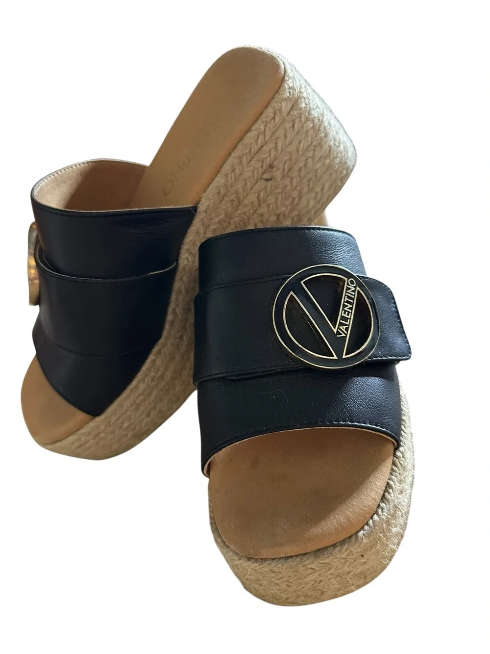 Valentino Black Leather Slide espadrille Sandals with Gold Logo Medallions sz 7